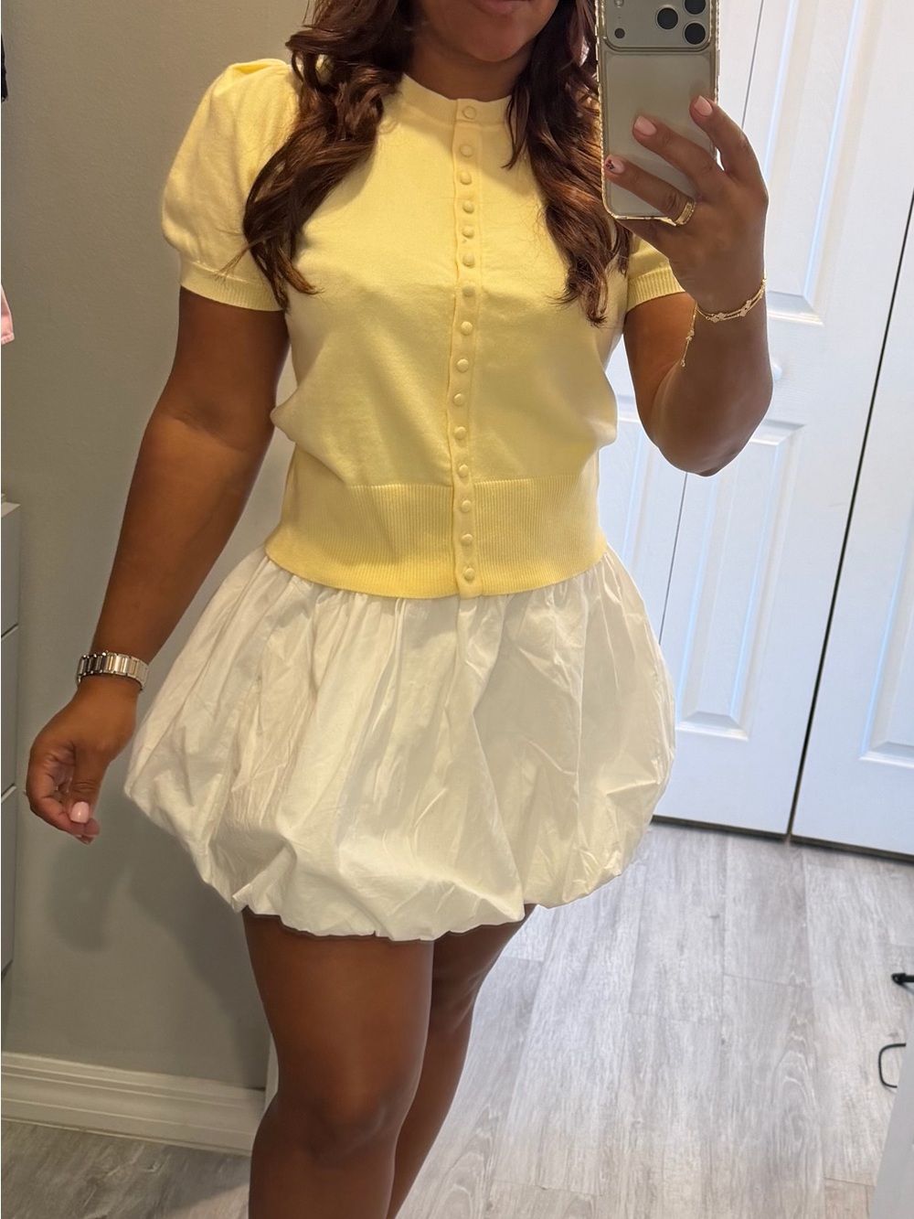 Yellow Short-Sleeve Button-Front Knit Top